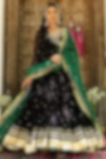 Black Soft Chanderi Mirror Embroidered Angrakha Tiered Party Wear Anarkali Set by SANAM at Pernia's Pop Up Shop