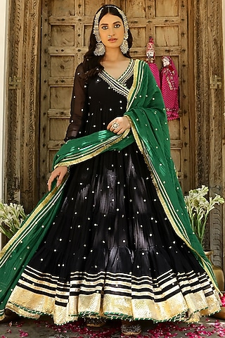 Black Soft Chanderi Mirror Embroidered Angrakha Tiered Anarkali Set by SANAM