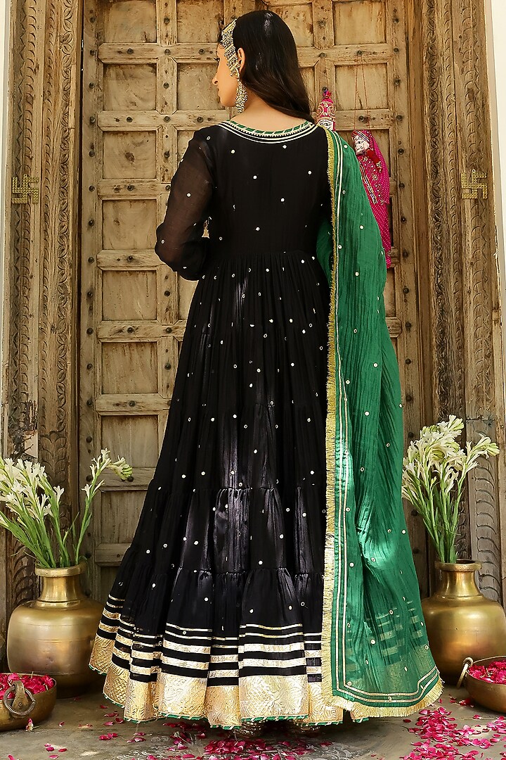 Black Soft Chanderi Mirror Embroidered Angrakha Tiered Party Wear Anarkali Set by SANAM at Pernia's Pop Up Shop