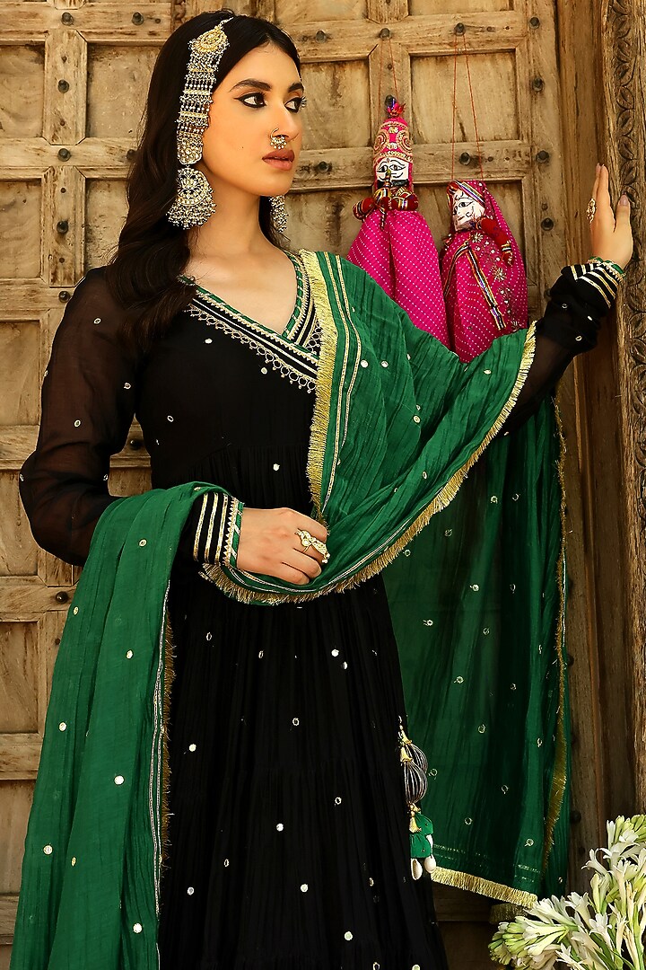 Black Soft Chanderi Mirror Embroidered Angrakha Tiered Party Wear Anarkali Set by SANAM at Pernia's Pop Up Shop
