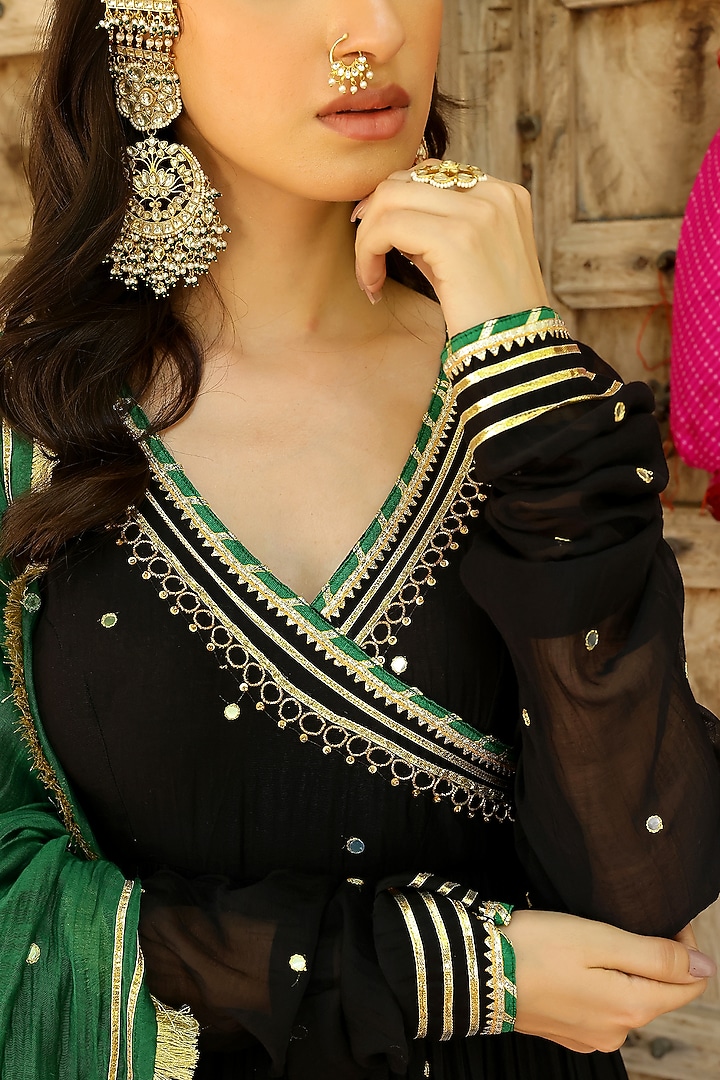 Black Soft Chanderi Mirror Embroidered Angrakha Tiered Party Wear Anarkali Set by SANAM at Pernia's Pop Up Shop