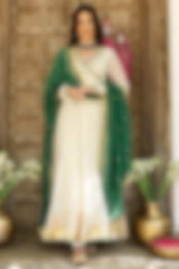 Off-White Soft Chanderi Mirror Embroidered Angrakha Tiered Party Wear Anarkali Set by SANAM at Pernia's Pop Up Shop