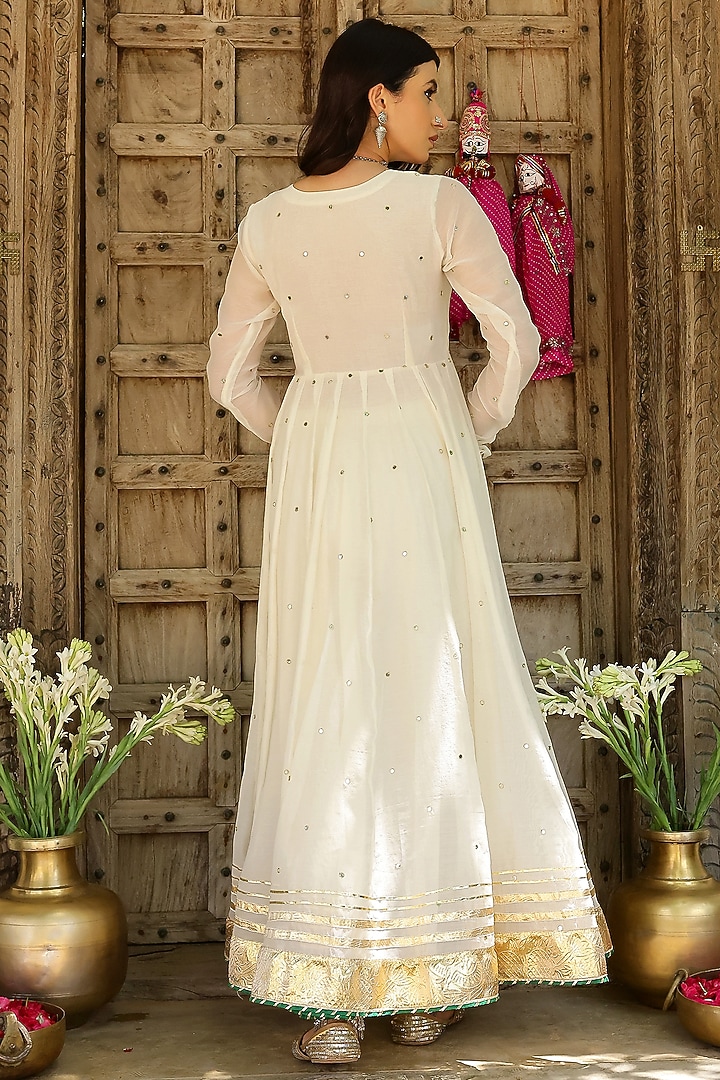 Off-White Soft Chanderi Mirror Embroidered Angrakha Tiered Party Wear Anarkali Set by SANAM at Pernia's Pop Up Shop