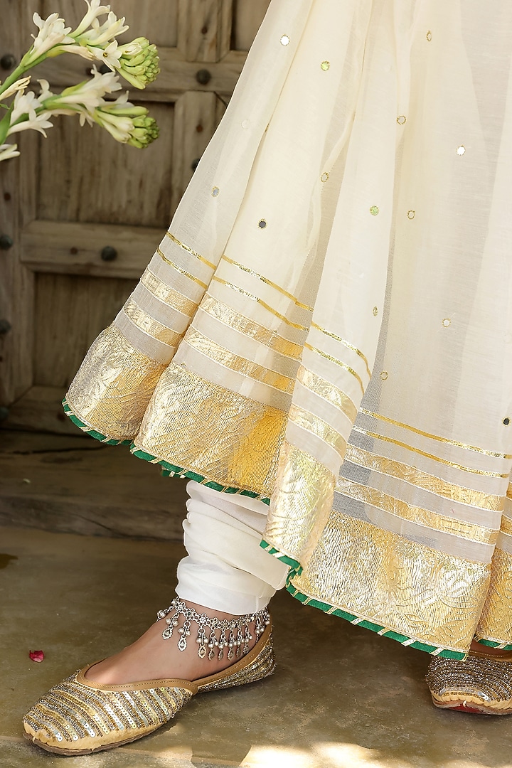 Off-White Soft Chanderi Mirror Embroidered Angrakha Tiered Party Wear Anarkali Set by SANAM at Pernia's Pop Up Shop