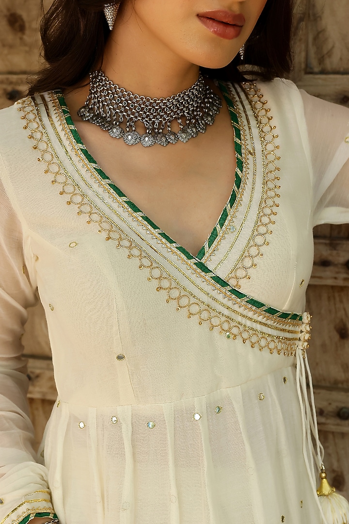 Off-White Soft Chanderi Mirror Embroidered Angrakha Tiered Party Wear Anarkali Set by SANAM at Pernia's Pop Up Shop