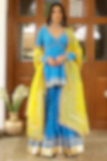 Firozi Blue Soft Chanderi Gota Embroidered Party Wear Sharara Set by SANAM at Pernia's Pop Up Shop