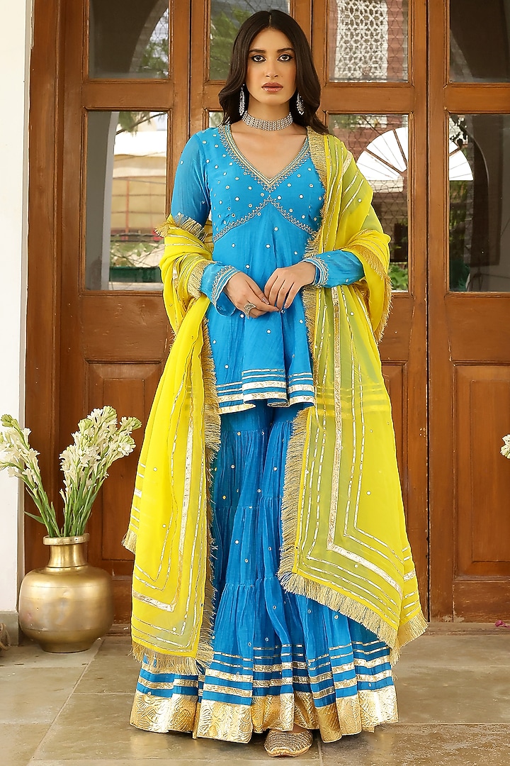 Firozi Blue Soft Chanderi Gota Embroidered Party Wear Sharara Set by SANAM at Pernia's Pop Up Shop