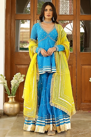 Firozi Blue Soft Chanderi Gota Embroidered Sharara Set by SANAM