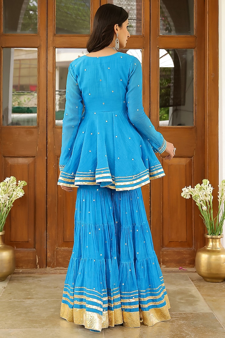 Firozi Blue Soft Chanderi Gota Embroidered Party Wear Sharara Set by SANAM at Pernia's Pop Up Shop