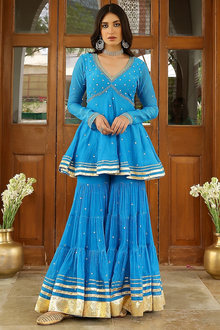 Firozi Blue Soft Chanderi Gota Embroidered Party Wear Sharara Set by SANAM at Pernia's Pop Up Shop