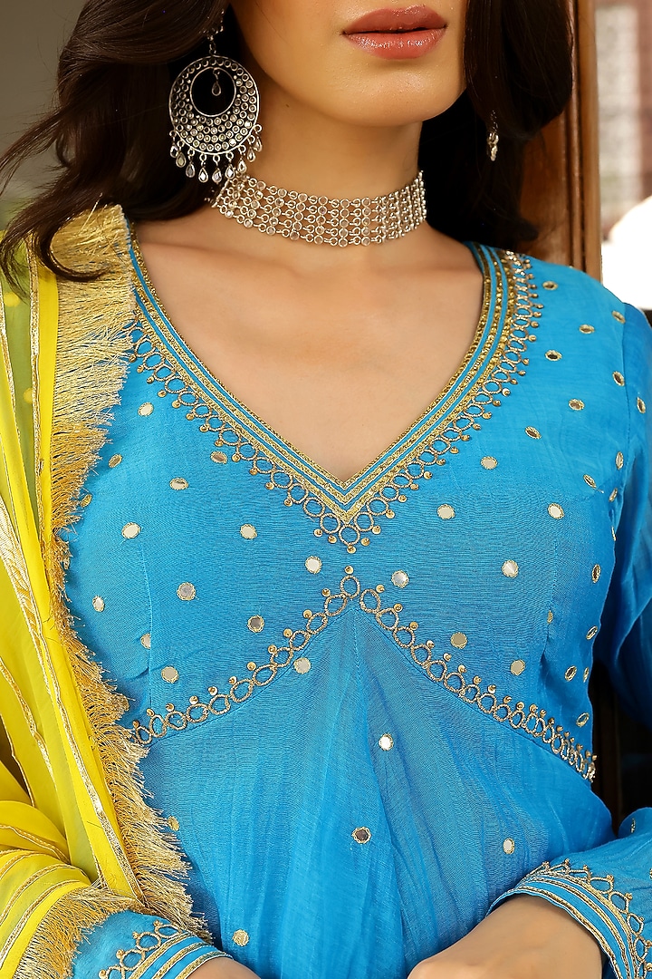 Firozi Blue Soft Chanderi Gota Embroidered Party Wear Sharara Set by SANAM at Pernia's Pop Up Shop