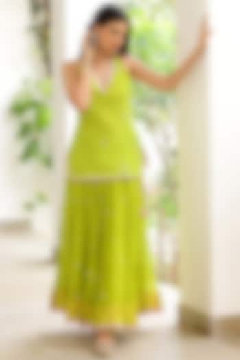Neon Green Soft Chanderi Mirror Work Crushed Skirt Set by SANAM at Pernia's Pop Up Shop