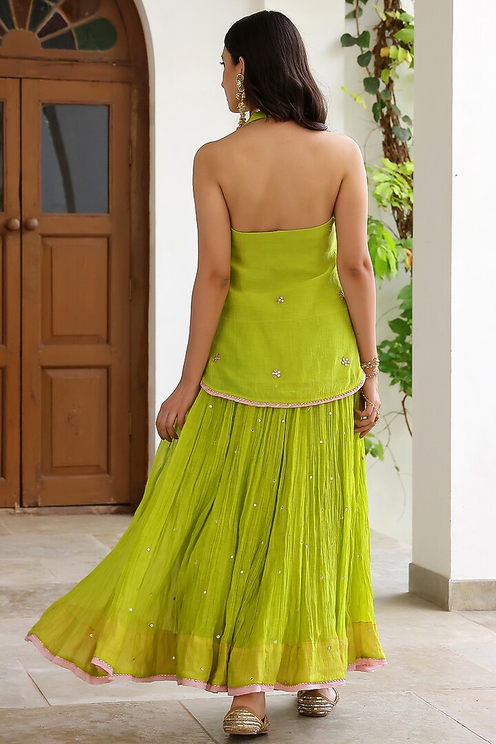 Neon Green Soft Chanderi Mirror Work Crushed Skirt Set by SANAM at Pernia's Pop Up Shop