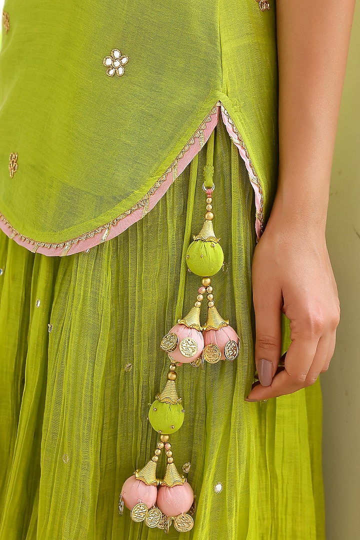 Neon Green Soft Chanderi Mirror Work Crushed Skirt Set by SANAM at Pernia's Pop Up Shop