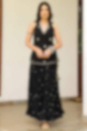 Black Soft Chanderi Mirror Work Crushed Skirt Set by SANAM at Pernia's Pop Up Shop