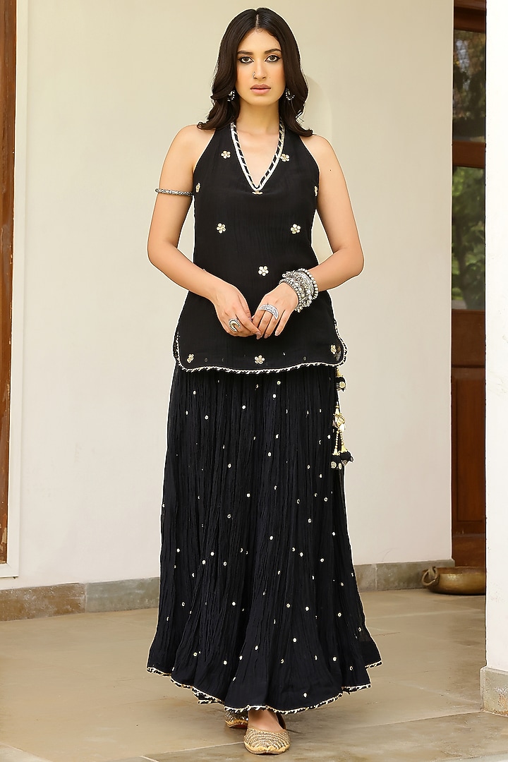 Black Soft Chanderi Mirror Work Crushed Skirt Set by SANAM at Pernia's Pop Up Shop