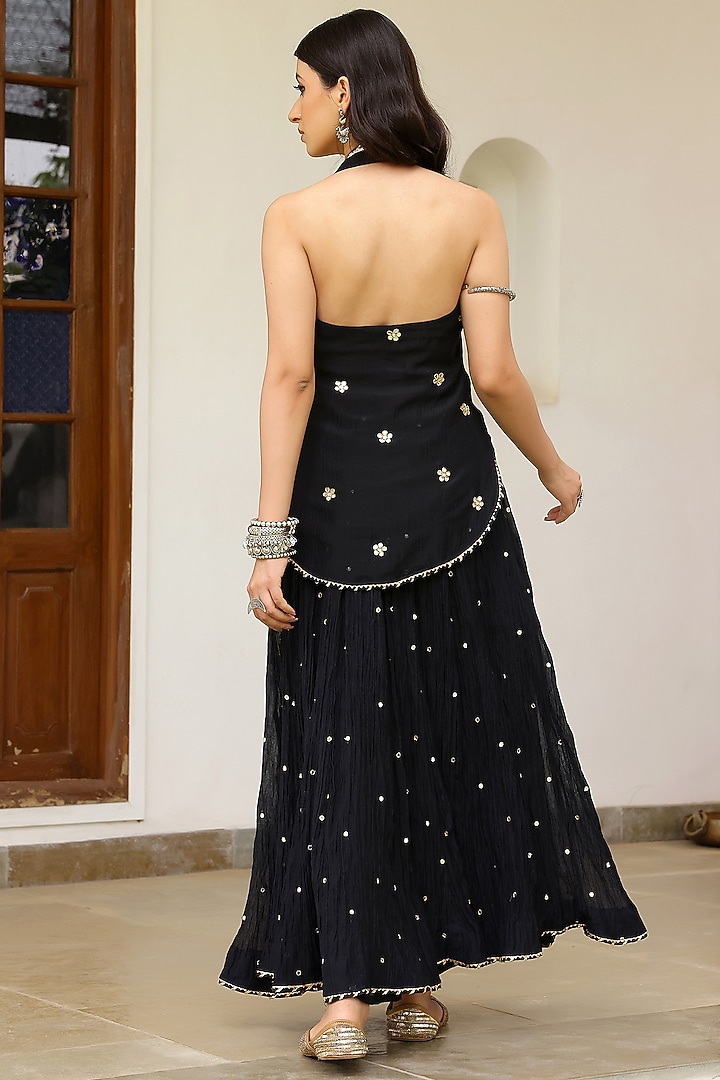 Black Soft Chanderi Mirror Work Crushed Skirt Set by SANAM at Pernia's Pop Up Shop
