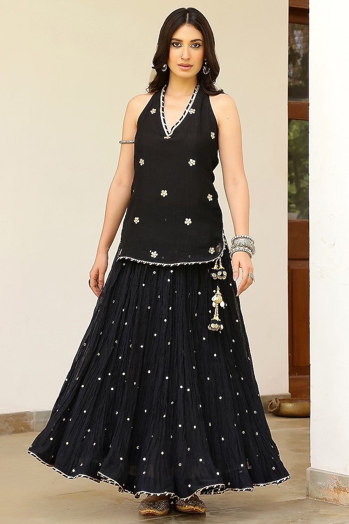 Black Soft Chanderi Mirror Work Crushed Skirt Set by SANAM at Pernia's Pop Up Shop