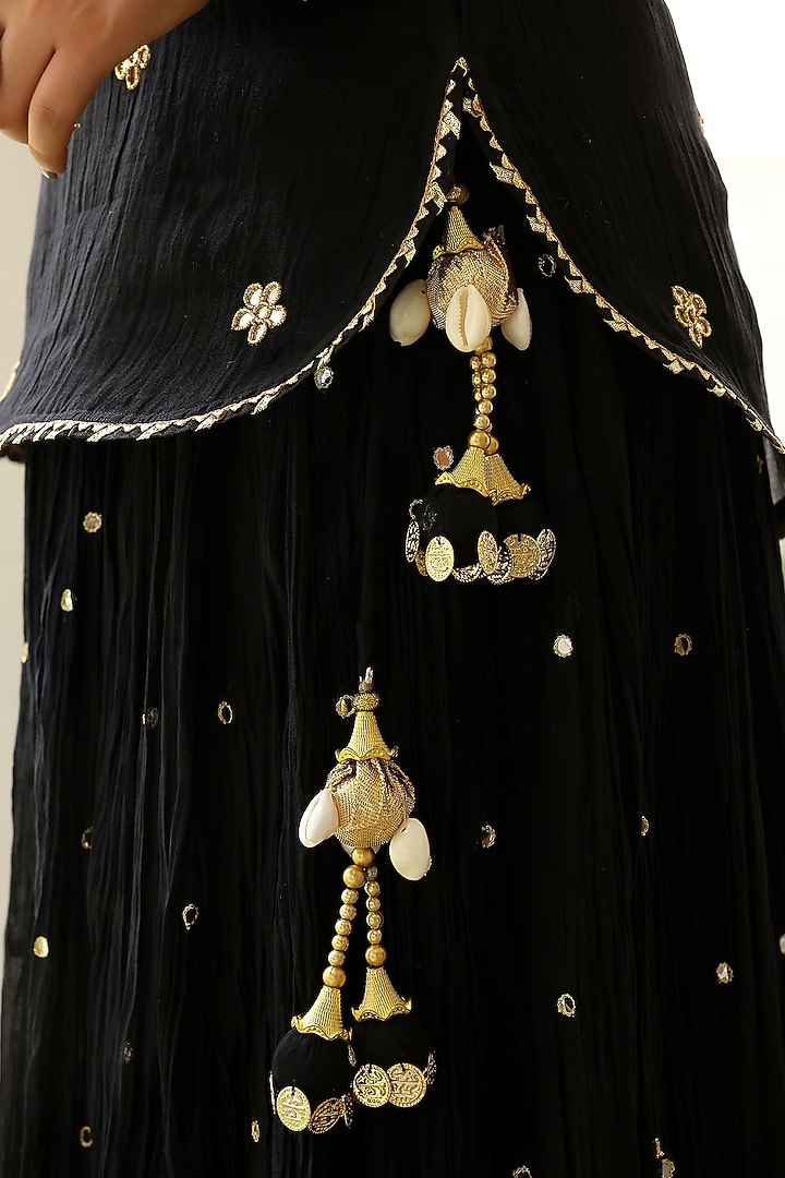 Black Soft Chanderi Mirror Work Crushed Skirt Set by SANAM at Pernia's Pop Up Shop