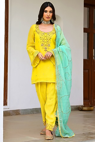 Yellow Soft Chanderi Aari & Mirror Embroidered Kurta Set by SANAM