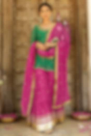 Rani Pink Soft Chanderi Mirror & Gota Lace Work Party Wear Sharara Set by SANAM at Pernia's Pop Up Shop