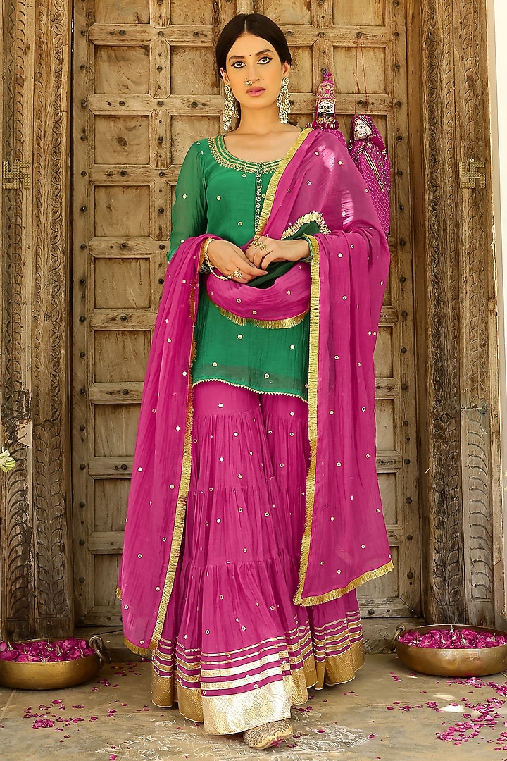 Rani Pink Soft Chanderi Mirror & Gota Lace Work Party Wear Sharara Set by SANAM at Pernia's Pop Up Shop