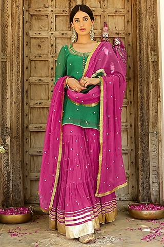 Rani Pink Soft Chanderi Mirror & Gota Lace Work Sharara Set by SANAM