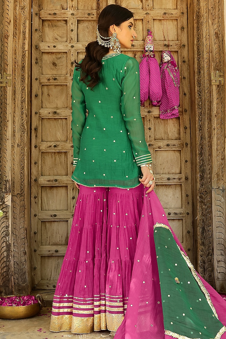 Rani Pink Soft Chanderi Mirror & Gota Lace Work Party Wear Sharara Set by SANAM at Pernia's Pop Up Shop