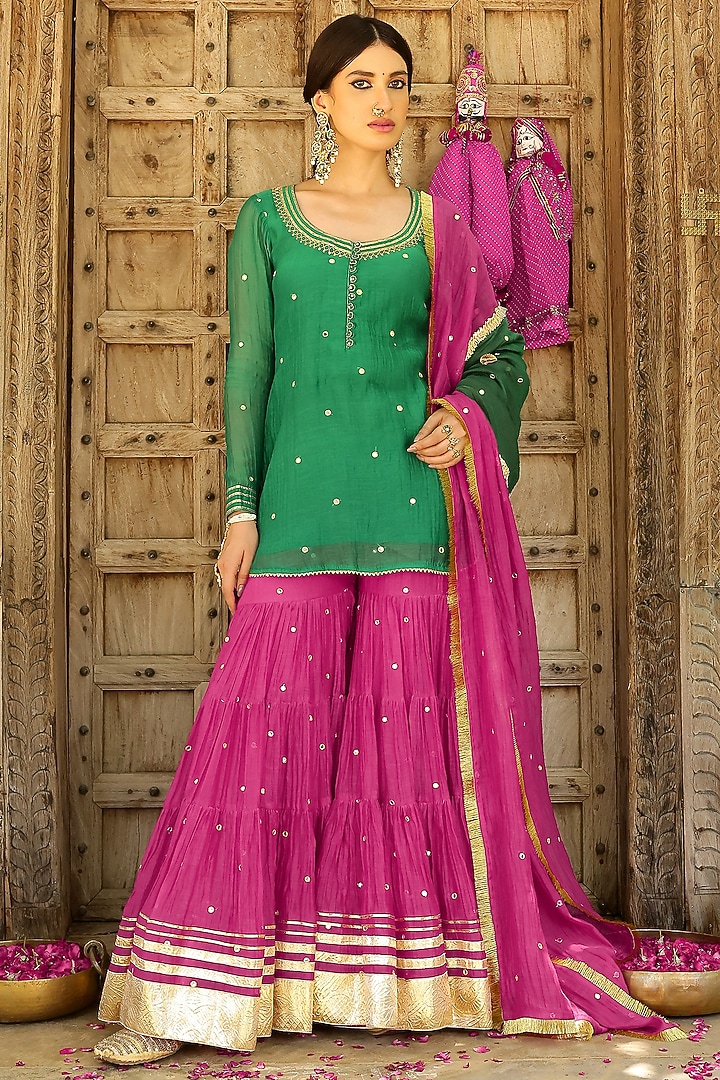 Rani Pink Soft Chanderi Mirror & Gota Lace Work Party Wear Sharara Set by SANAM at Pernia's Pop Up Shop