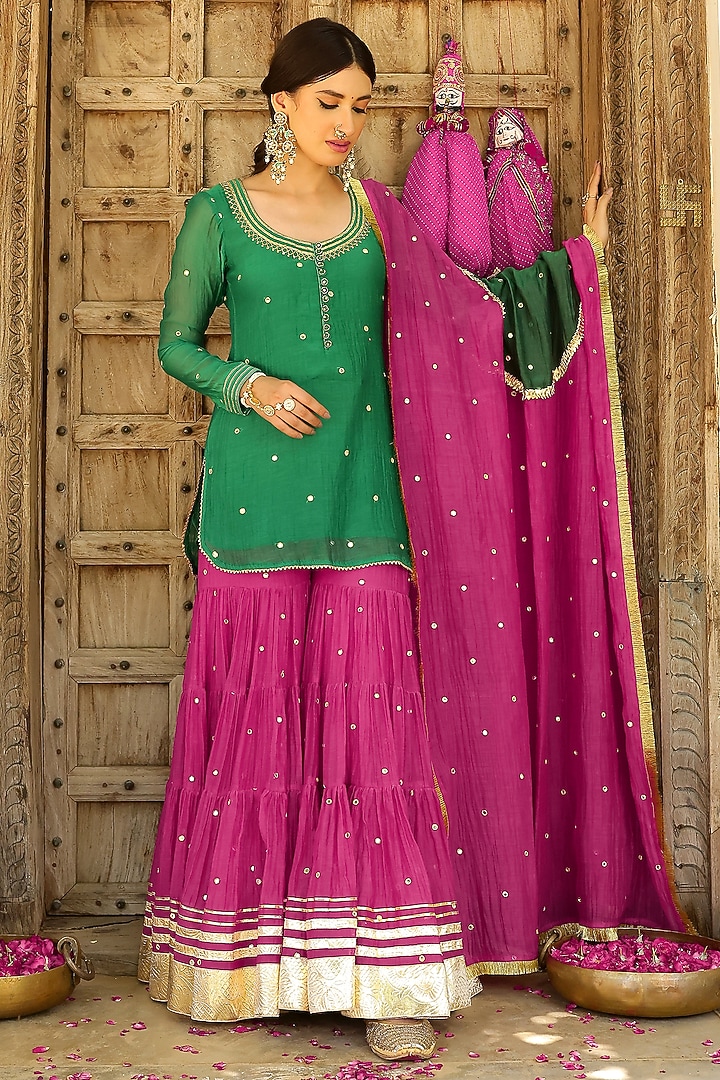 Rani Pink Soft Chanderi Mirror & Gota Lace Work Party Wear Sharara Set by SANAM at Pernia's Pop Up Shop