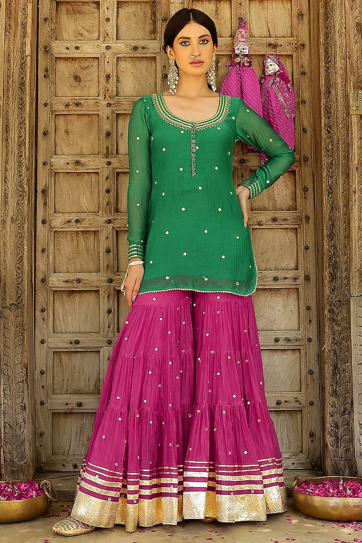 Rani Pink Soft Chanderi Mirror & Gota Lace Work Party Wear Sharara Set by SANAM at Pernia's Pop Up Shop
