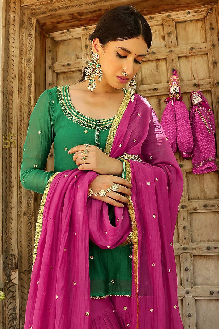 Rani Pink Soft Chanderi Mirror & Gota Lace Work Party Wear Sharara Set by SANAM at Pernia's Pop Up Shop