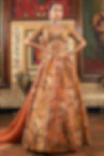 Peach & Gold Tissue Silk Floral Printed Kalidar Lehenga Set by SANAM at Pernia's Pop Up Shop