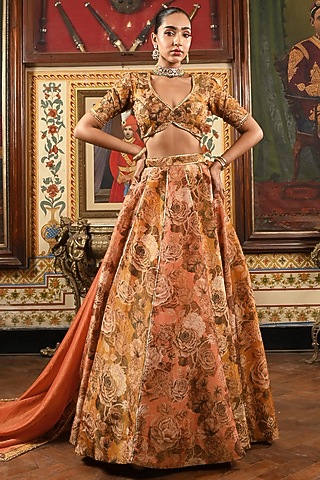 Peach & Gold Tissue Silk Floral Printed Kalidar Lehenga Set by SANAM