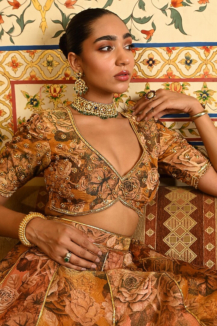 Peach & Gold Tissue Silk Floral Printed Kalidar Lehenga Set by SANAM at Pernia's Pop Up Shop