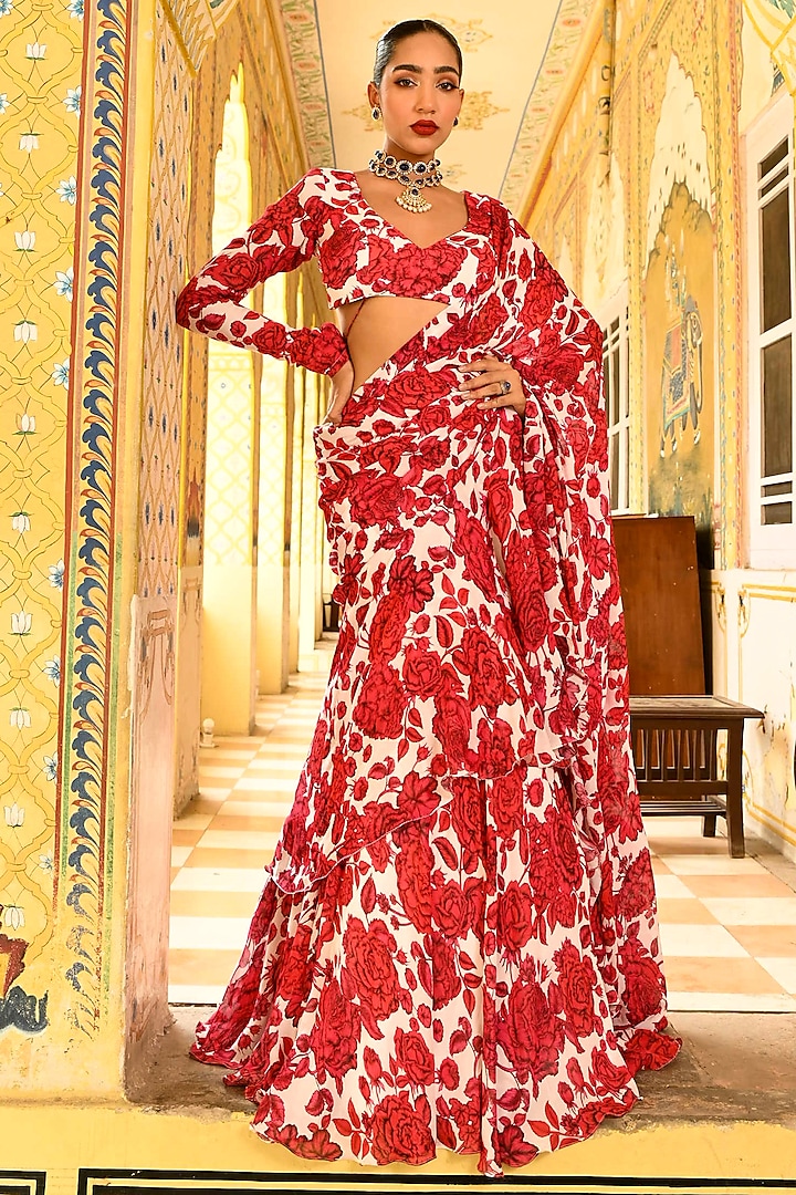 Red & White Chiffon Floral Printed Pre-Draped Saree Set by SANAM at Pernia's Pop Up Shop