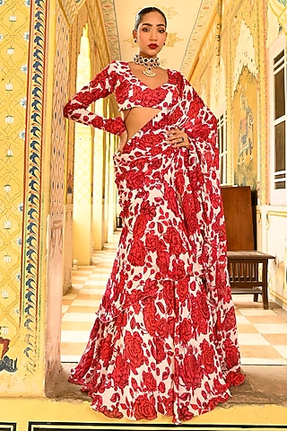 Red & White Chiffon Floral Printed Pre-Draped Saree Set by SANAM