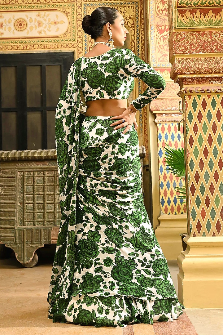 Green & White Chiffon Floral Printed Pre-Draped Party Wear Saree Set by SANAM at Pernia's Pop Up Shop