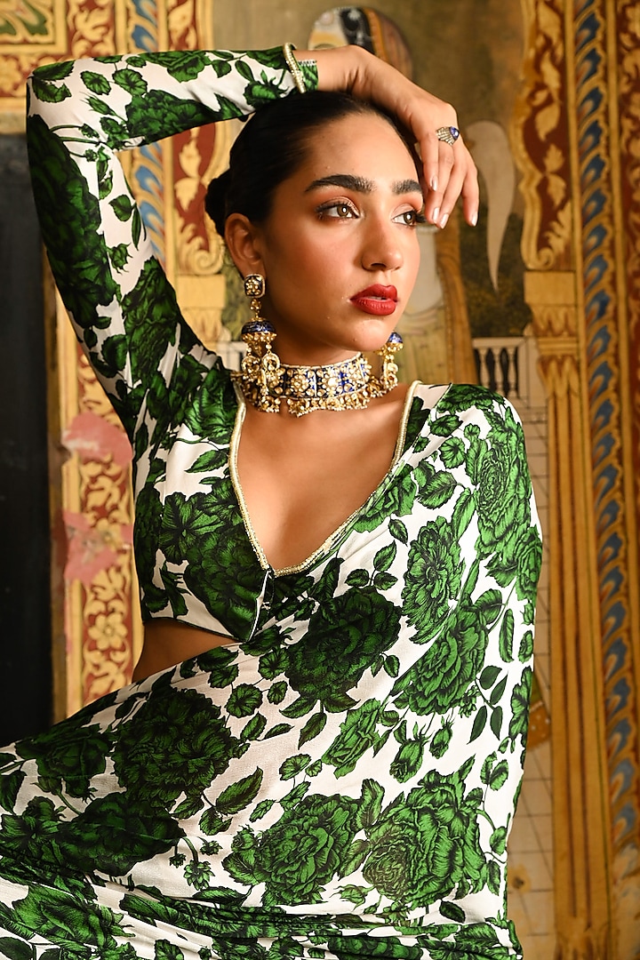 Green & White Chiffon Floral Printed Pre-Draped Party Wear Saree Set by SANAM at Pernia's Pop Up Shop