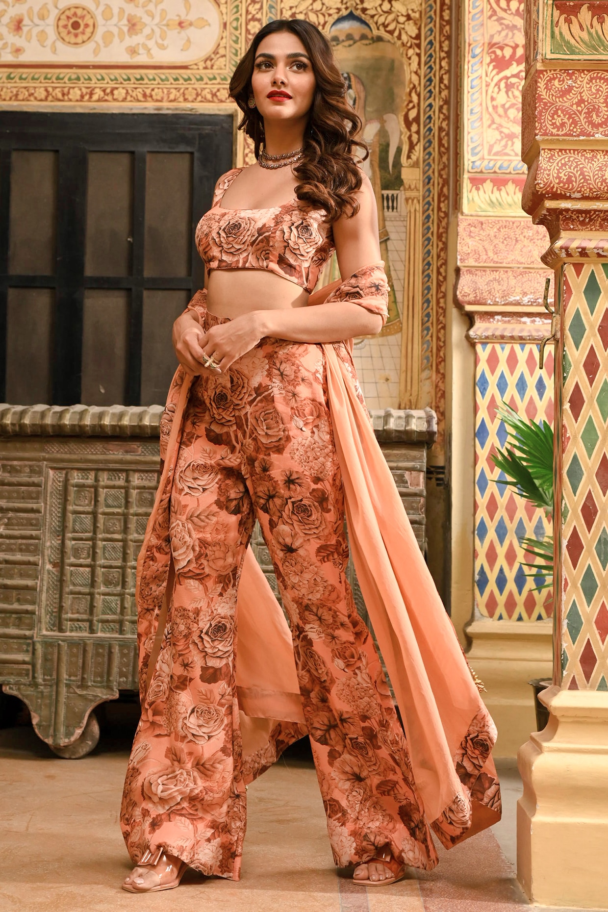 Nude Chiffon Floral Printed Flared Trousers Set by SANAM at Pernia's Pop Up  Shop 2024