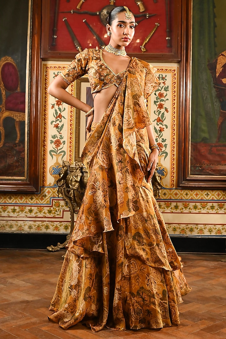 Gold Tissue Silk Floral Printed Pre-Draped Saree Set by SANAM at Pernia's Pop Up Shop