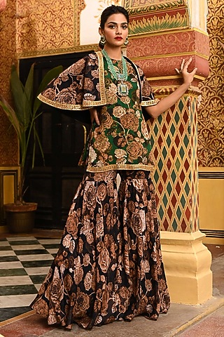 Black Chiffon Floral Printed & Hand Embroidered Cape Set by SANAM