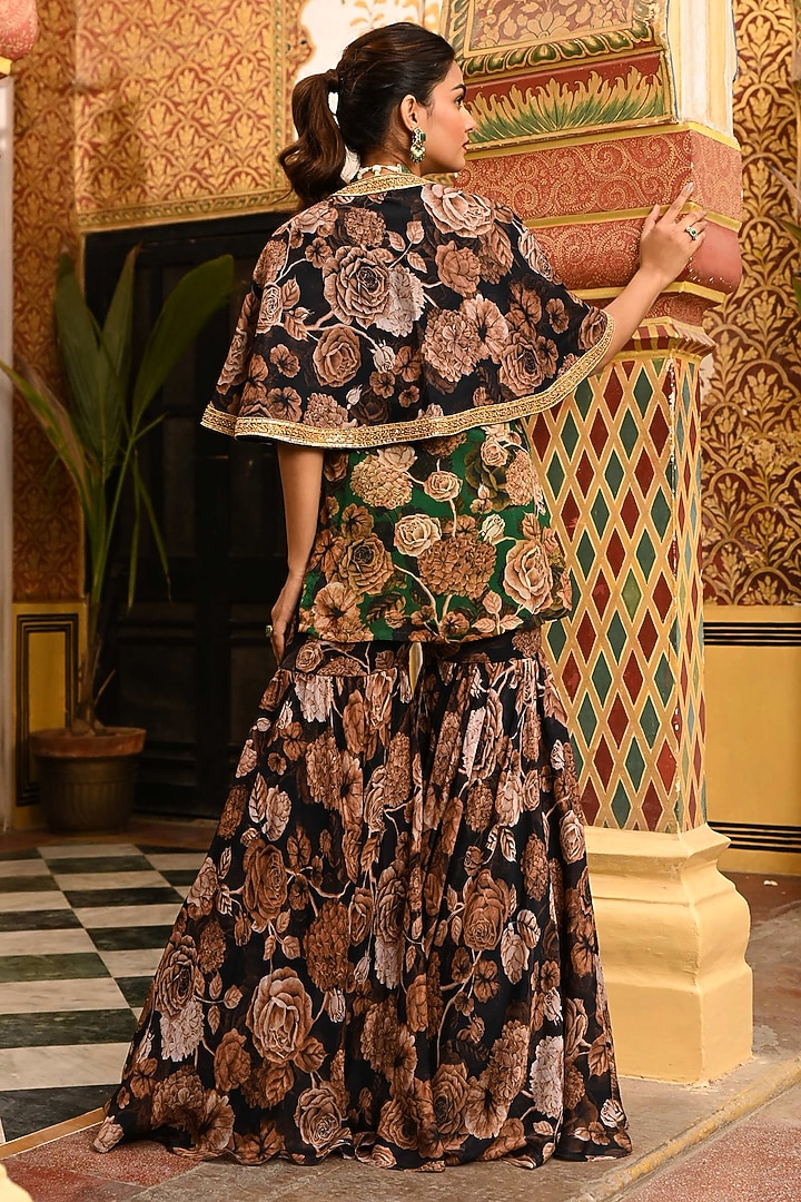 Black Chiffon Floral Printed & Hand Embroidered Cape Set by SANAM at Pernia's Pop Up Shop