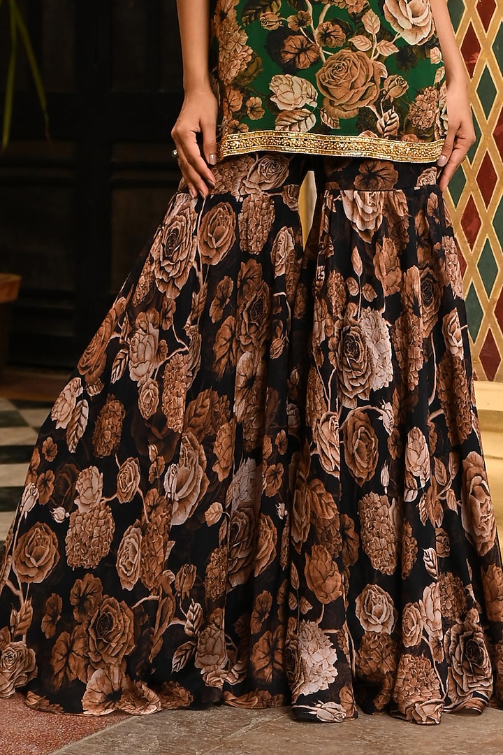Black Chiffon Floral Printed & Hand Embroidered Cape Set by SANAM at Pernia's Pop Up Shop
