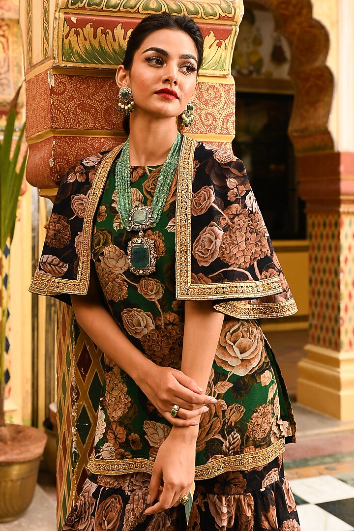 Black Chiffon Floral Printed & Hand Embroidered Cape Set by SANAM at Pernia's Pop Up Shop