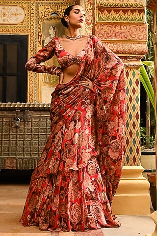 Red Chiffon Floral Printed Pre-Draped Saree Set by SANAM