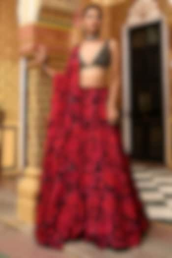 Black & Red Chiffon Floral Printed Kalidar Lehenga Set by SANAM at Pernia's Pop Up Shop