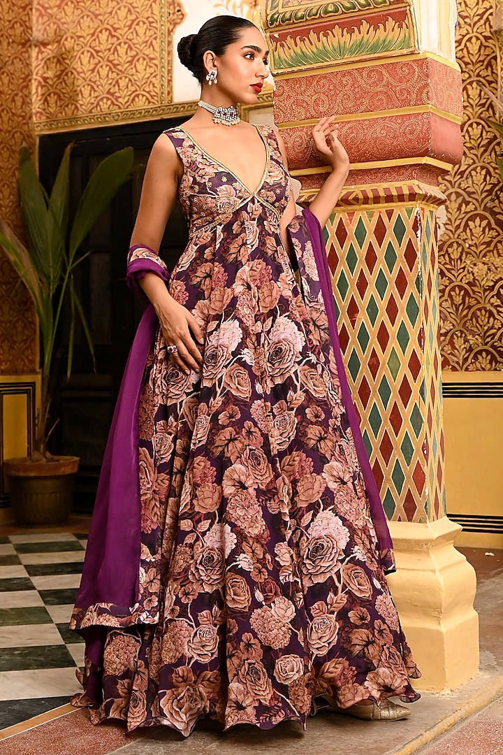 Purple Chiffon Floral Printed & Sequins Hand Embroidered Anarkali Set by SANAM at Pernia's Pop Up Shop