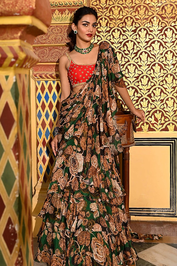 Green Chiffon Floral Printed Pre-Draped Party Wear Saree Set by SANAM at Pernia's Pop Up Shop