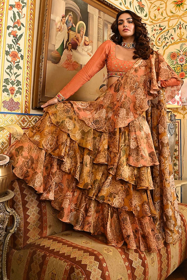 Peach & Gold Tissue Silk Floral Printed Layered Pre-Stitched Ruffled Saree Set by SANAM at Pernia's Pop Up Shop